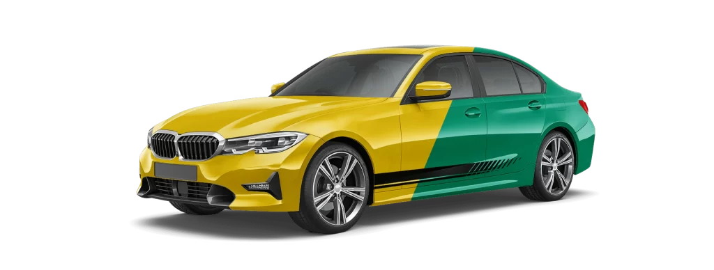A car with partial yellow and green car wrap