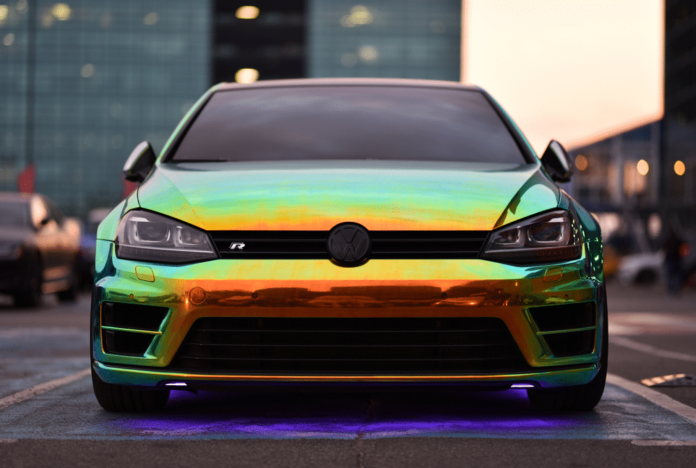 A front view of a holographic car wrap