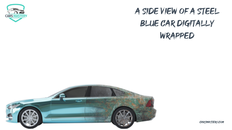 A side view of a steel blue car digitally wrapped