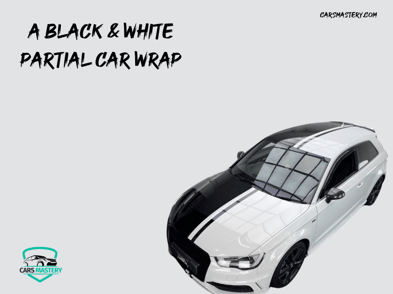 A view of a black and white car partially wrapped