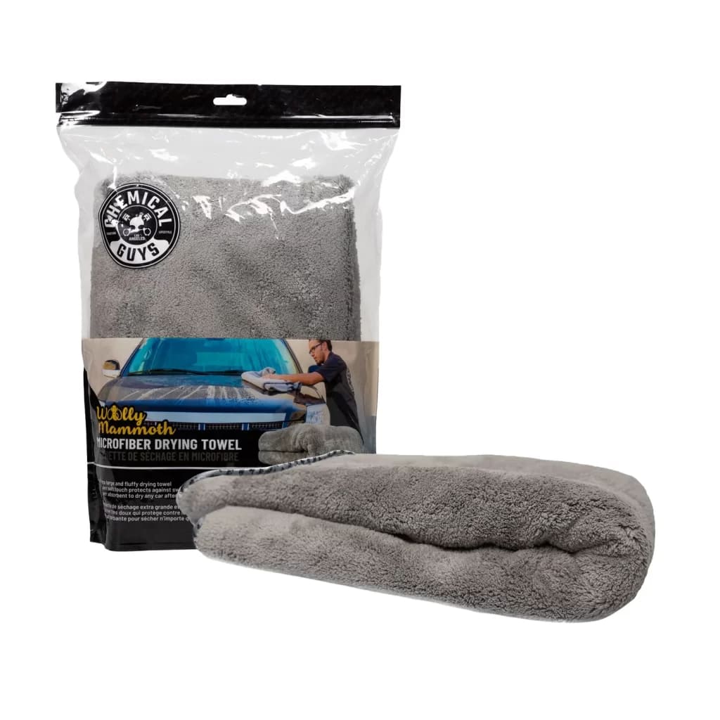 A view of a grey Chemical Guys Gray Wooly Mammoth Drying Towel with its pack