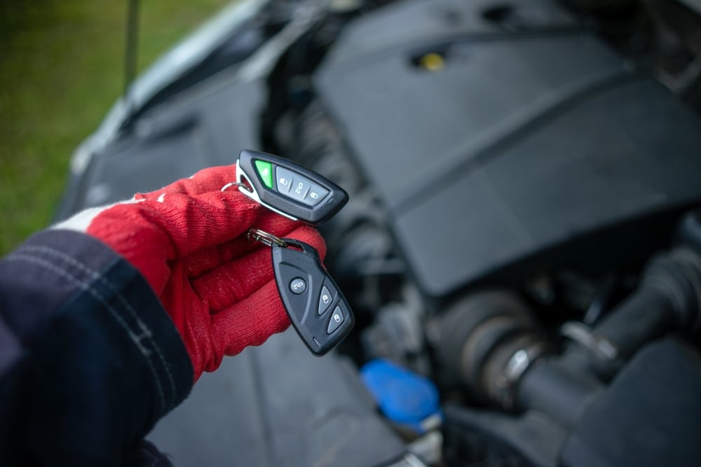 A view of a person holding a car alarm key