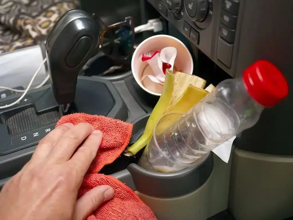 A view of car interior gear box with a person's hand gatherting trash