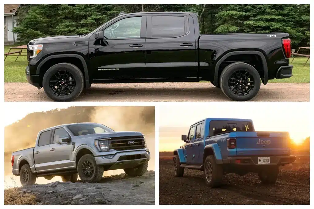 three different models of pickup trucks