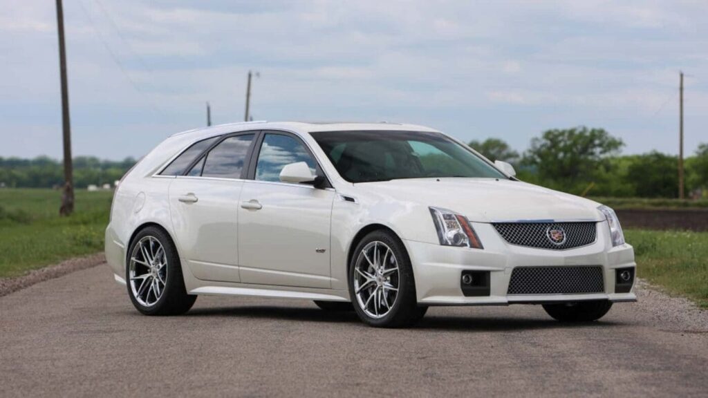 A view of as white Cadillac CTS V Sport Wagon