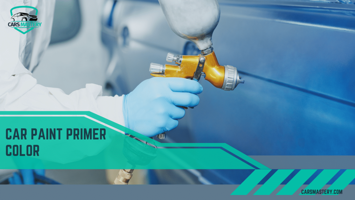 A view of a person painting car with primer spray ( )