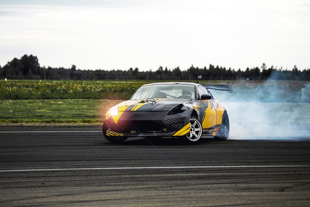 A view of a racing car drifting